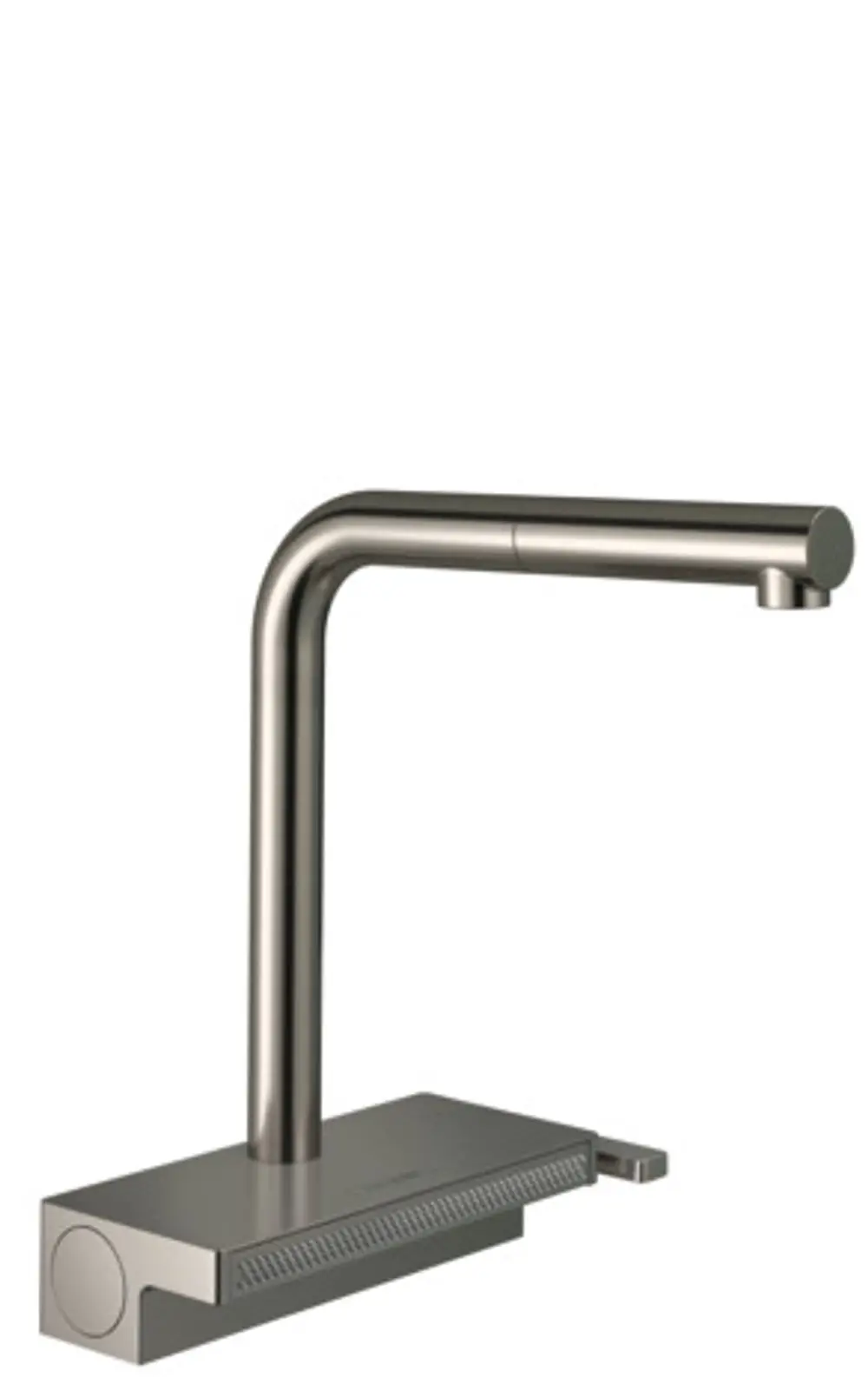 Spültischmischer in Edelstahl-Optik von Hansgrohe mit einem Ausziehauslauf und zwei Strahlarten, der in einer modernen Kücheneinrichtung eingesetzt werden kann.
